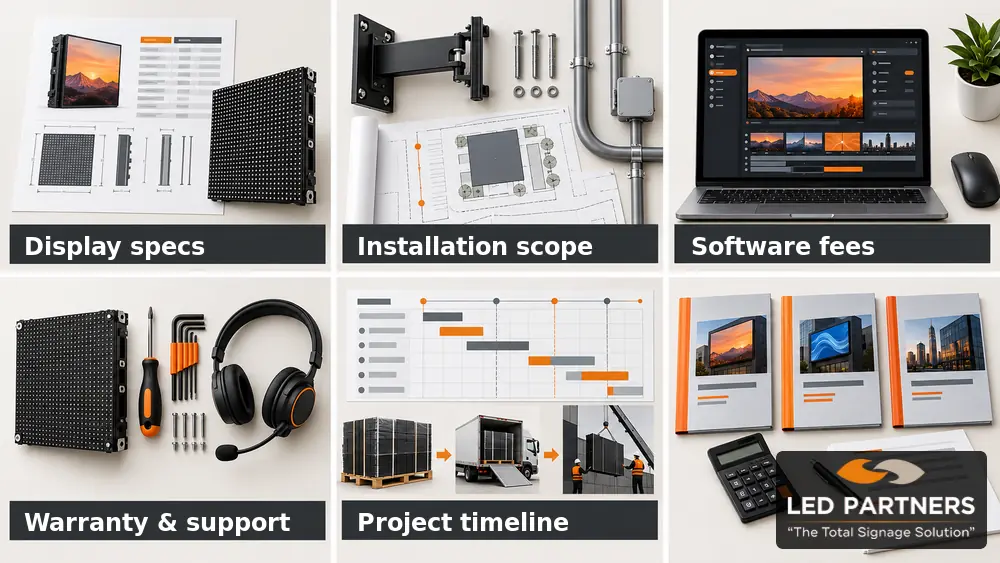 Visual checklist for comparing LED sign specifications, installation, software, warranty support, and project timelines.