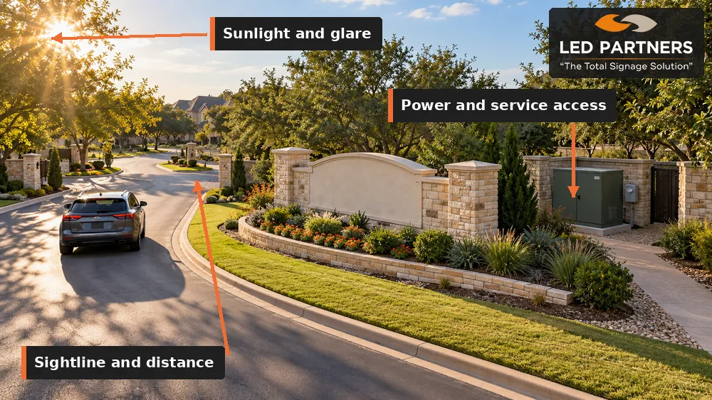 Community entrance diagram highlighting sightline, sunlight, and sign service access.