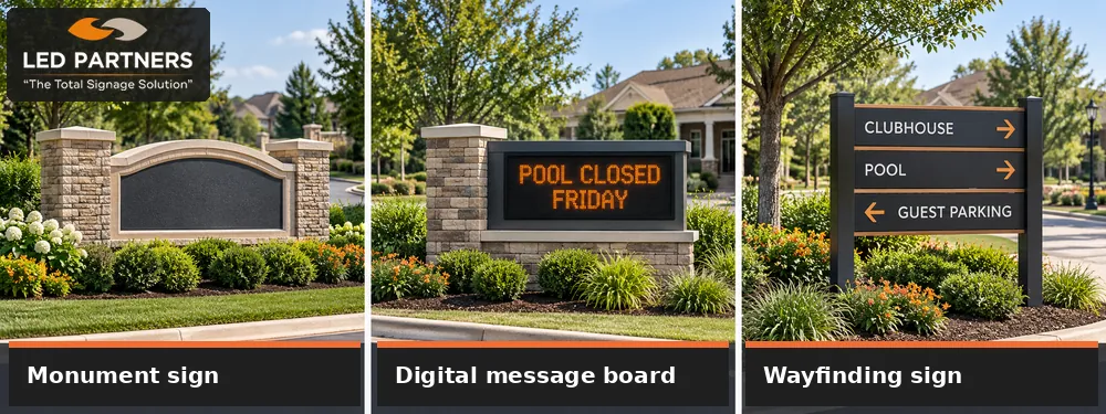 Comparison of a monument sign, digital message board, and community wayfinding sign.