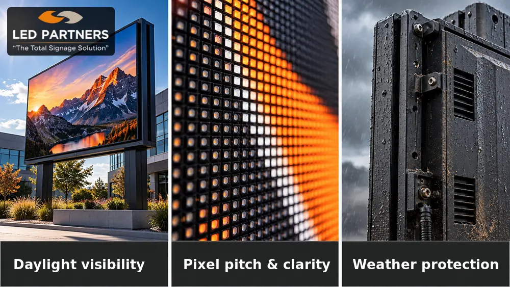 Three-panel guide showing LED sign daylight visibility, pixel spacing, and weather-protected cabinet construction.