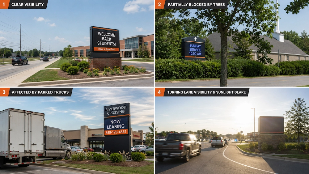 Outdoor LED signs showing different line-of-sight and visibility conditions