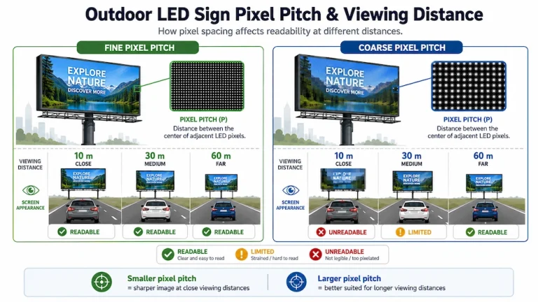 Comparison diagram showing LED pixel pitch and recommended viewing distances