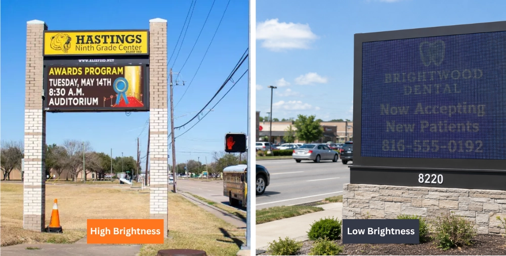 Comparison showing a bright outdoor LED display remaining visible in direct sunlight while a dim display becomes difficult to read