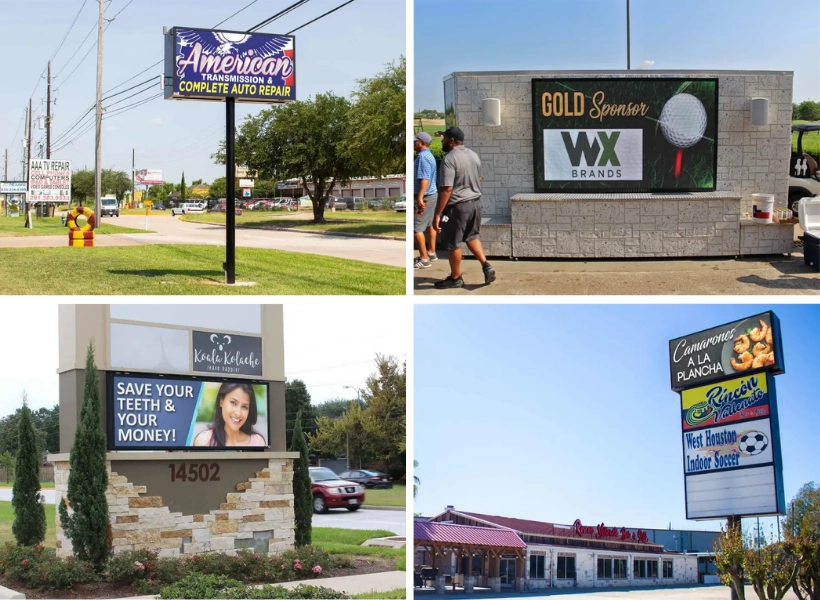 Different outdoor LED sign formats installed at schools, businesses, and sports venues