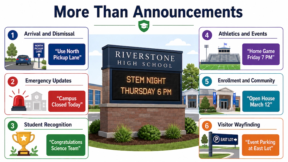 Infographic showing practical uses for an outdoor school LED sign