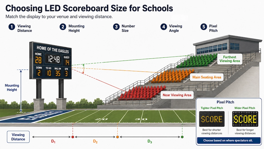 Diagram showing school scoreboard viewing distance, mounting height and display readability.